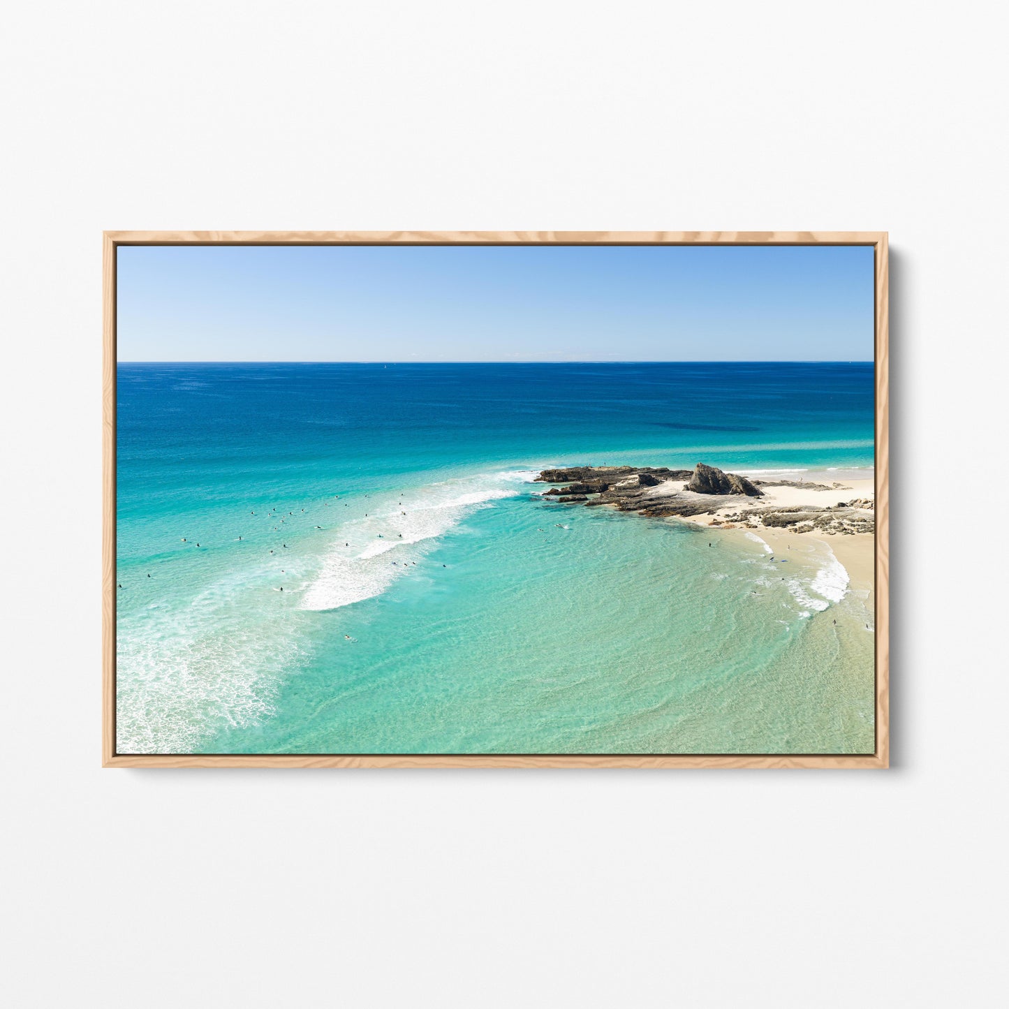 Palm Beach Surfers and Rocks Oak Framed Canvas