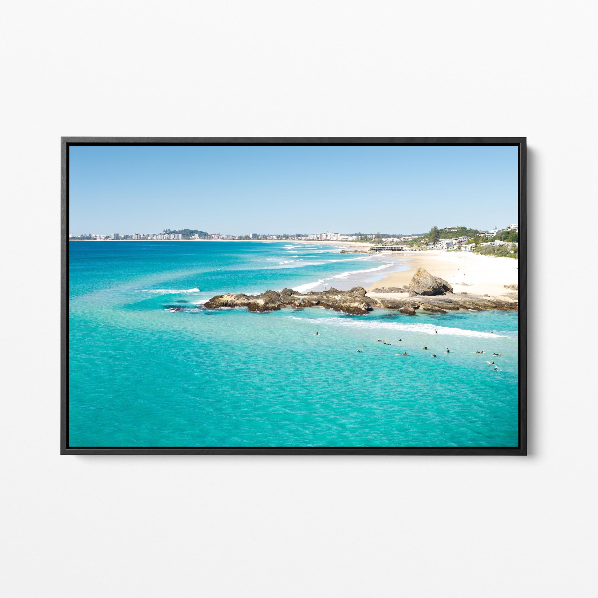 Palm Beach Surfers Rock Shelf Black Framed Canvas