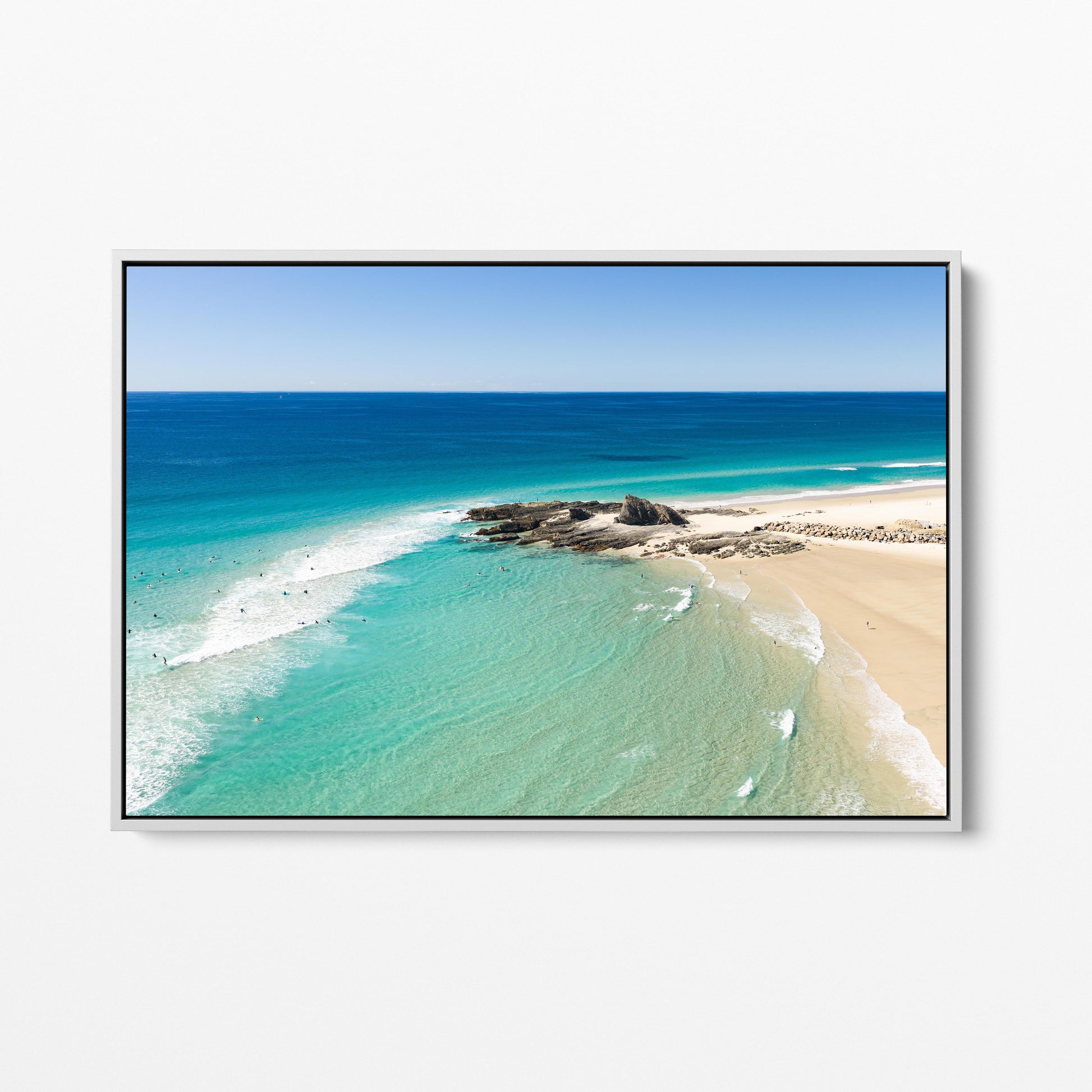Palm Beach Surfers Sandbar White Framed Canvas