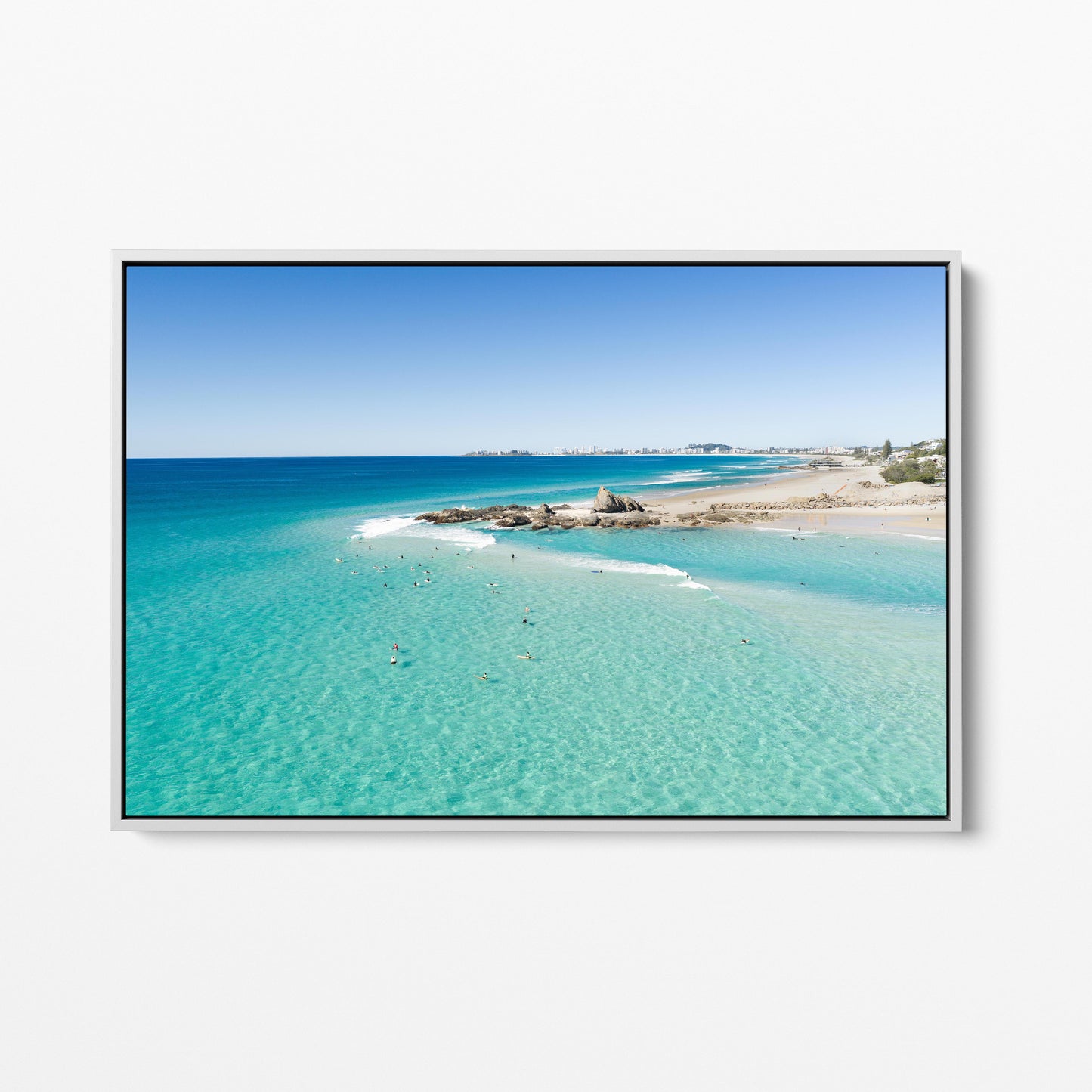 Palm Beach Surfers Skyline White Framed Canvas