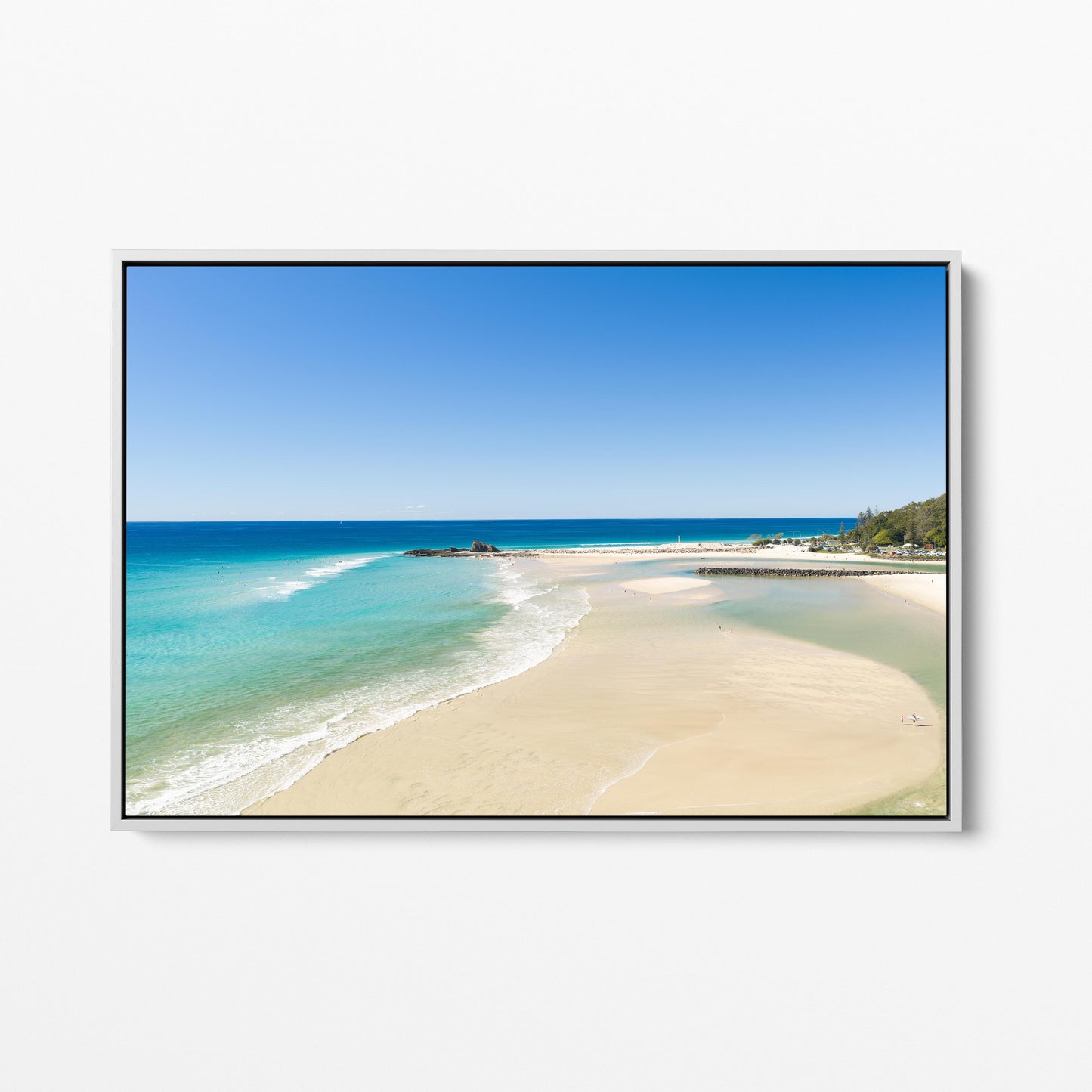 Palm Beach Surfers Sand Spit White Framed Canvas
