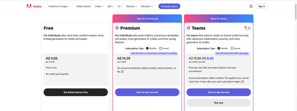 Adobe Express Pricing