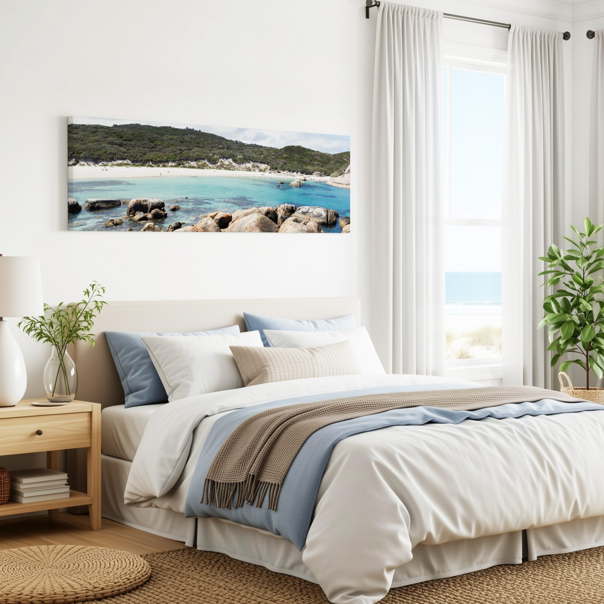 3x1 greens pool above bed wall art